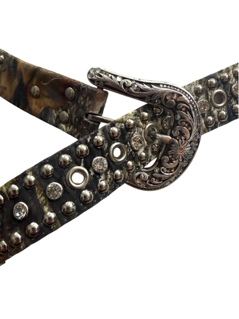 Nocona Western Belt Women’s M Studded Rhinestone Camo Leather Silver Buckle 39.5 - Picture 2 of 6